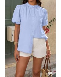 TRUEDAMES - Button Down Lantern Puff Short Sleeve V Neck Top - Lyst