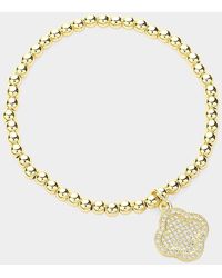 Fashnzfab - Cz Stone Paved Quatrefoil Charm Pointed Stainless Steel Ball Beaded Stretch Bracelet Clear - Lyst