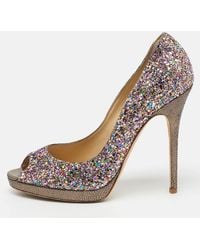 Jimmy Choo - Metallic Coarse Glitter Crown Peep Toe Platform Pumps - Lyst