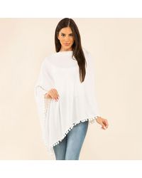 TRUEDAMES - Pom Pom Trim Solid Asymmetrical Poncho - Lyst
