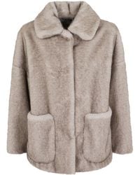 Herno - Cropped Taupe Faux Fur Jacket With Classic Collar - Lyst