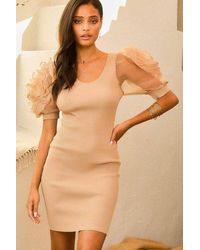 TRUEDAMES - V Neck Contrast Flower Lace Bubble Sleeve Midi Bodycon Dress - Lyst