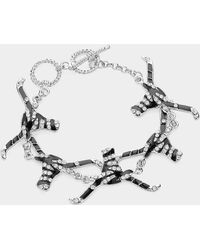 Fashnzfab - Zebra Patterned Stone Paved Bulls Link Bracelet, Clear, Rhodium - Lyst