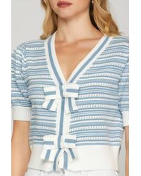 She + Sky - Puff Short Sleeve Bow Front Striped Sweater Cropped Cardigan - Lyst