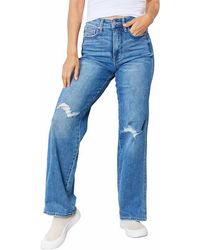 Judy Blue - High Rise Control Top Distressed Straight Jeans - Lyst