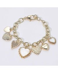 Fashnzfab - 14K Plated Cz Stone Paved Mother Of Pearl Heart Charm Station Bracelet - Lyst