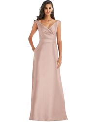 Alfred Sung - Off-the-shoulder Draped Wrap Satin Maxi Dress - Lyst