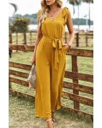 TRUEDAMES - Solid Belt V Neck Wide Leg Fit Jumpsuit - Lyst