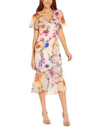 Adrianna Papell - Floral Print Faux Wrap Midi Dress - Lyst