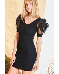 TRUEDAMES - V Neck Contrast Flower Lace Bubble Sleeve Midi Bodycon Dress - Lyst