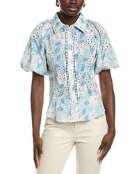 Gracia - Floral Print Eyelet Puff Sleeve Button Down Shirt - Lyst