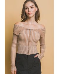 TRUEDAMES - Ribbed Bardot Zip Up Long Sleeve - Lyst