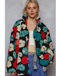 Pol - Long Sleeve Textured Sherpa Floral Coat Jacket - Lyst