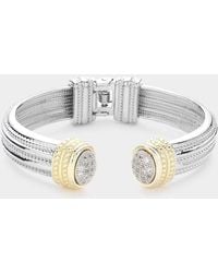 Fashnzfab - Cz Stone Paved Round Tip Two Tone Triple Rope Metal Hinged Cuff Bracelet Two Tone - Lyst