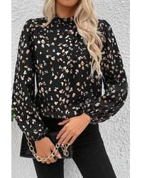 TRUEDAMES - Leopard Print Lantern Sleeve Mock Neck Pleated Blouse - Lyst