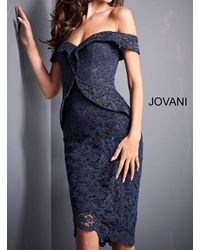Jovani - Off The Shoulder Knee Length Lace Evening Gown In Navy - Lyst