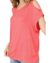 shop basic - Cold Shoulder Rolled Short Sleeve Round Neck Top With Side Slits - Lyst