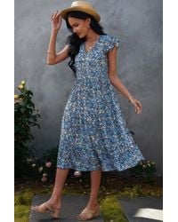 TRUEDAMES - Boho Floral V Neck Ruffle Sleeve A Line Midi Dress - Lyst
