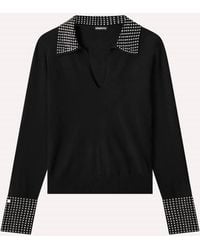 Minnie Rose - Viscose Foldover Neck Top With Rhinestones - Lyst