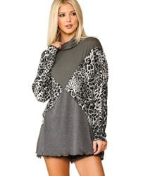 TRUEDAMES - Solid And Animal Print Mixed Knit Turtleneck Top With Long Sleeves - Lyst