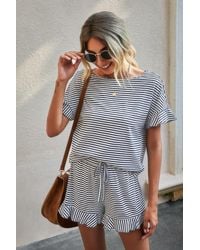 TRUEDAMES - Round Neck Striped Top Short Set - Lyst