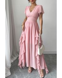 TRUEDAMES - Solid V Neck High Waist Band Ruffle Hem Dress - Lyst