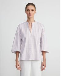 Lafayette 148 New York - Tattersall Stretch Cotton Bell Sleeve Blouse - Lyst