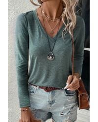 TRUEDAMES - Solid Color Long Sleeve V Neck Top - Lyst
