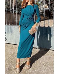 TRUEDAMES - Elegant Round Neck Solid Ruched Wrap Hem Dress - Lyst