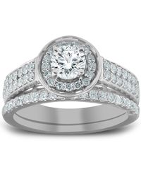 Pompeii3 - 1 1/4 Ct Diamond Halo Double Band Engagement Ring & Wedding Band Set White Gold - Lyst