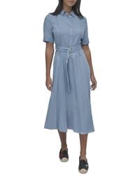 DKNY - Belted Drop Waist Denim Midi Dress - Lyst