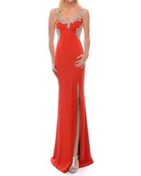 Precious Formals - Stretch Satin Gown With High Slit - Lyst