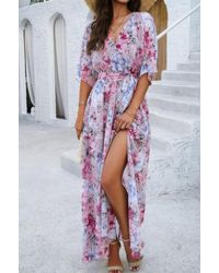 TRUEDAMES - Fashnzfab Floral Print V Neck Waist Cinched Split Long Dress - Lyst