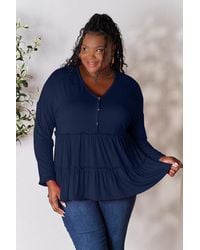 TRUEDAMES - Double Take Half Button Long Sleeve Ruffle Hem Blouse - Lyst