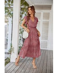 TRUEDAMES - Fashnzfab Floral V Neck Ruffle Short Sleeve High Waist Dress - Lyst