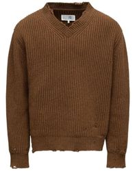 MM6 by Maison Martin Margiela - Relaxed Fit V-Neck Sweater With Distressed Hem - Lyst