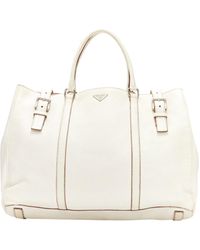 Prada - Ivory Grained Leather Silver Triangle Logo Buckle Strap Tote Bag - Lyst