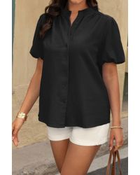 TRUEDAMES - Button Down Lantern Puff Short Sleeve V Neck Top - Lyst