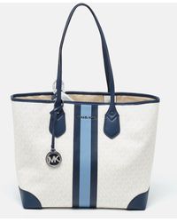 Michael Kors - Off Signature Coated Canvas And Leather Large Logo Stripe Eva Tote - Lyst