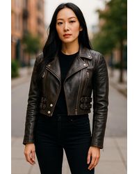 Infinity Leather - Burgundy Cropped Brando Leather Biker Jacket-Durban - Lyst