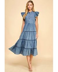TCEC - Denim Button Down Ruffle Sleeves Midi Dress - Lyst