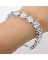 Fashnzfab - 14K Plated Cz Emerald Cut Stone Cluster Link Evening Toggle Bracelet Clear, Rhodium - Lyst