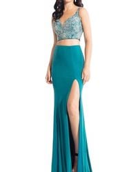 Rachel Allan - Two-Piece Jersey Embroidered Gown With High Slit - Lyst