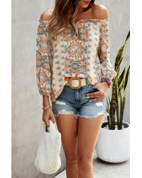 TRUEDAMES - Boho Print Off Shoulder Long Sleeve Knot Front Blouse - Lyst