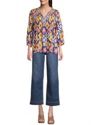 Tru Luxe - Abstract Diamond Ruffle Split V-Neck 3/4 Sleeve Top - Lyst
