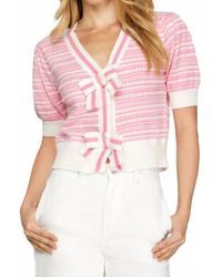 She + Sky - Puff Short Sleeve Bow Front Striped Sweater Cropped Cardigan - Lyst