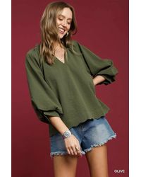 TRUEDAMES - Full Size Textured Notched Balloon Sleeve Blouse Plus Size - Lyst