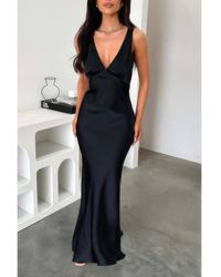 TRUEDAMES - Solid Deep V Neck Low Back High Waist Full Dress - Lyst