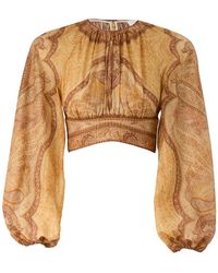Zimmermann - Printed Cropped Blouse With Balloon Sleeves - Lyst