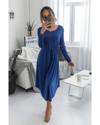 TRUEDAMES - Solid Round Neck Long Sleeve Drawstring Dress - Lyst